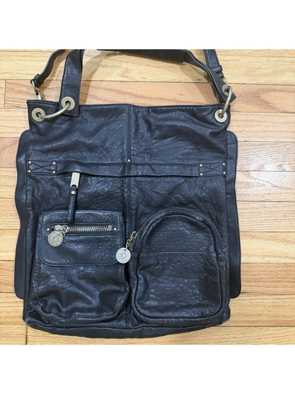 Cynthia Rowley Black Shoulder Bag Multi Pocket Studded Slouchy Boho Y2K Moto